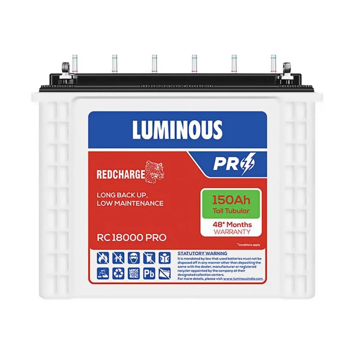 Luminous Red Charge RC 18000 PRO Battery for Home, Office & Shops | 150 Ah/12V Tall Tubular | Easy Installation | Durable and Reliable Inverter Battery